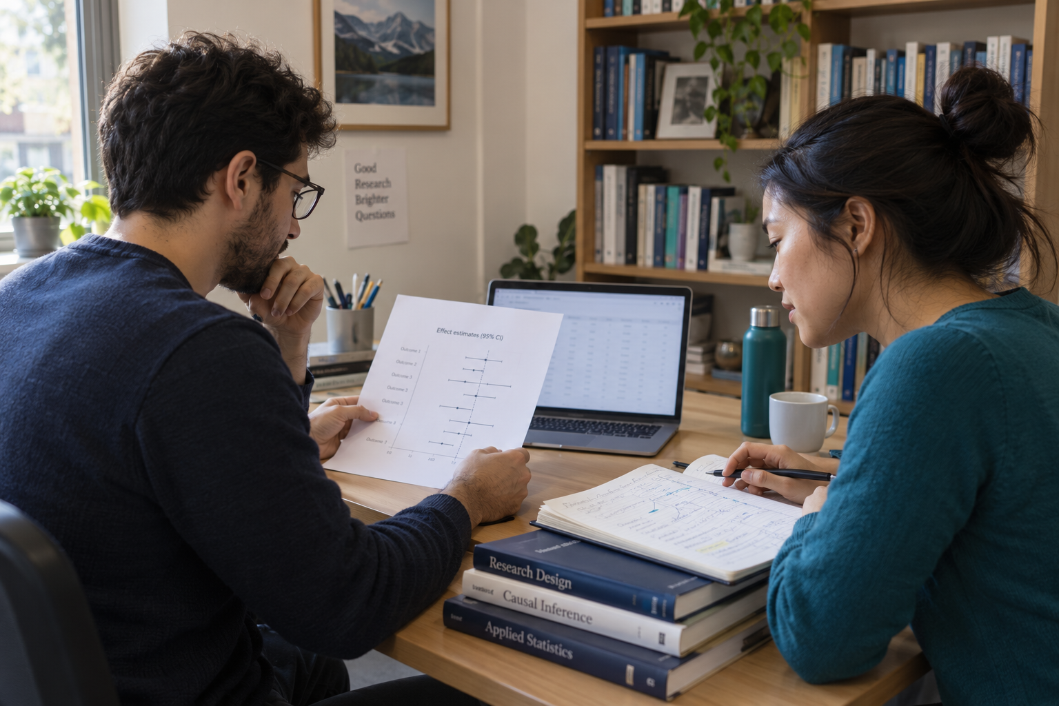 Illustration of a doctoral student planning PhD data analysis help with a research model and statistical notes